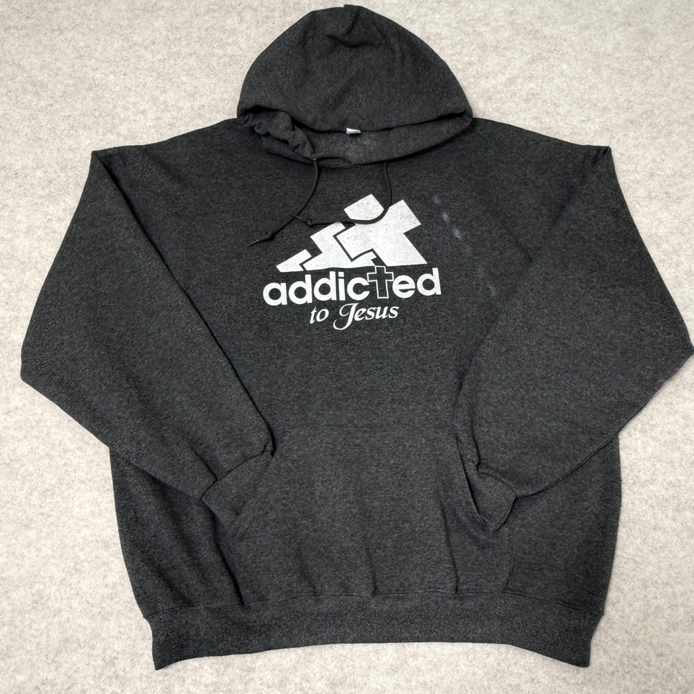 Jerzees Addicted to Jesus Hoodie Mens 2XL Charcoal Gray Christian Graphic Sweat
